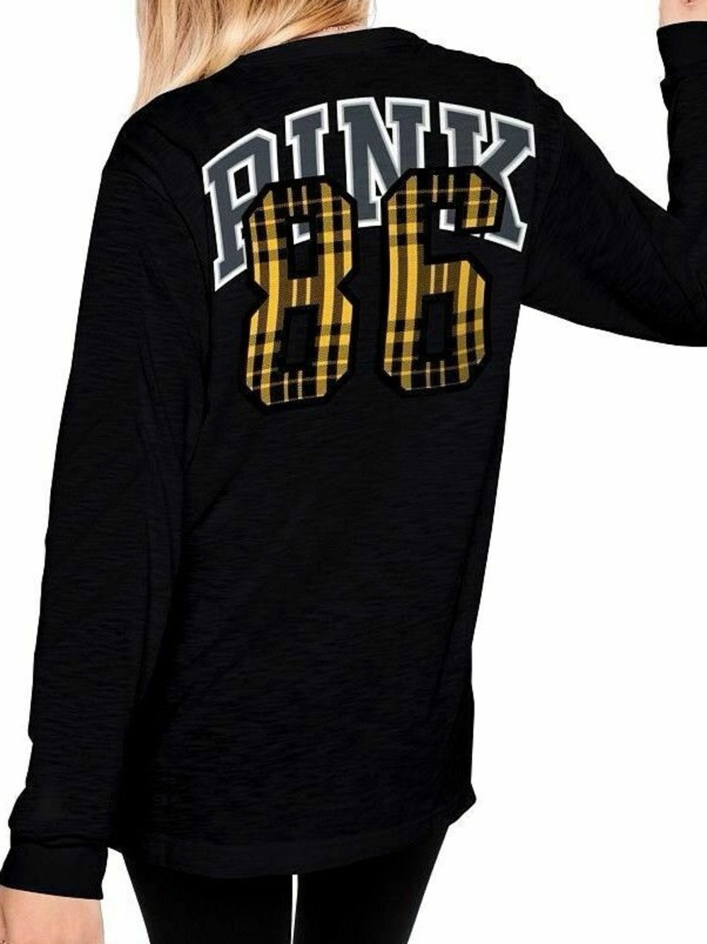 PINK Victoria's Secret Black Long Sleeve Lace-Up Top with With Plaid Logo